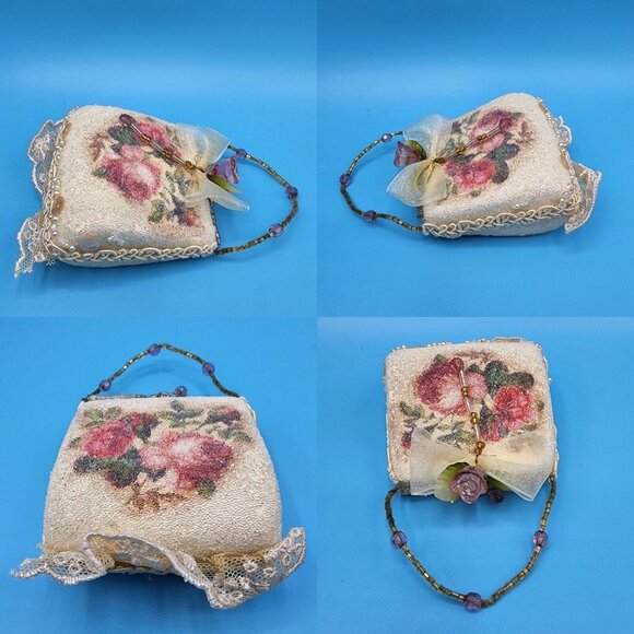 Victorian "Sugared" Purse Ornaments Lace Roses Beaded Handle Tulle Ribbon Tassel - Picture 12 of 12